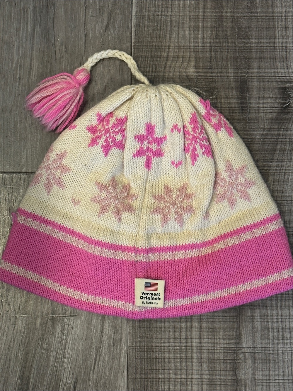 Vermont Originals Pink & Cream Kids Snowflake Pom Beanie